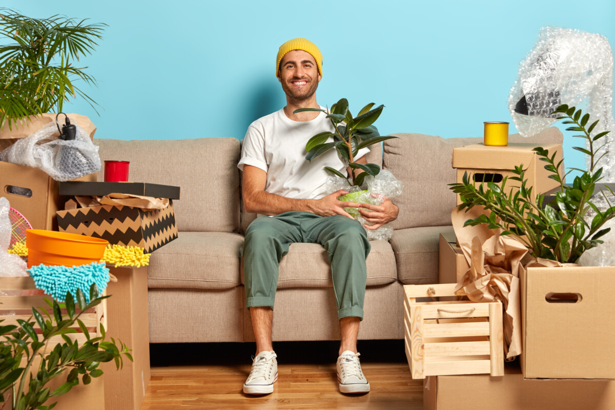 Satisfied guy poses in empty room on sofa, holds houseplant wrapped in polythene, being happy home owner, busy on moving day with unpacking, rents flat, poses against blue wall. Ownership concept Étudier en France - se loger